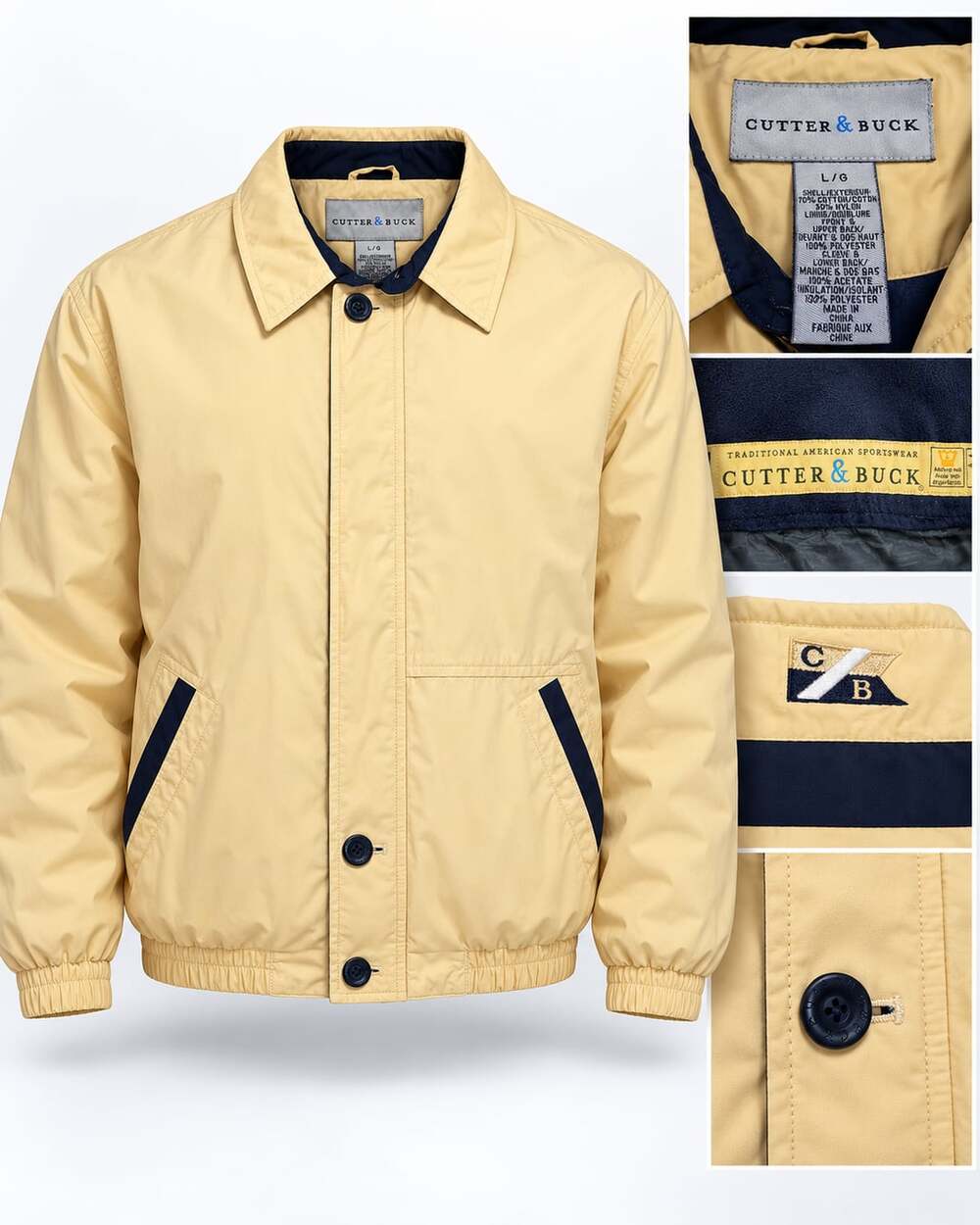 Vintage Cutter & Buck Jacket Mens L Yellow Navy Fleece Lined Bomber Golf Coat